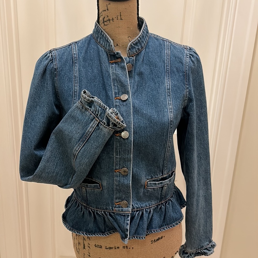 GAP Jean Jacket with Stand Up Collar and Ruffle Detailing Small